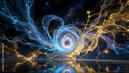 Cosmic blue and gold energy swirls reflect in a dark, starry water surface.