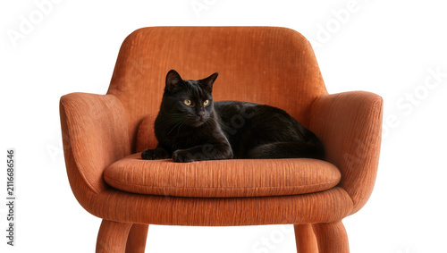 Canvas Print Isolated elegant black cat with yellow eyes relaxing comfortably on a stylish or