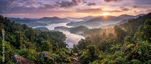 Serene Periyar Lake surrounded by evergreen forests, misty Western Ghats mountains and peaceful freshwater landscape in Thekkady Kerala