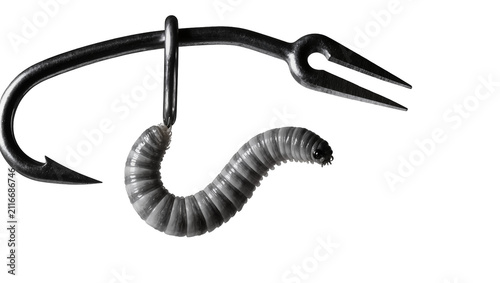 Foto Isolated fishing hook and specialized bait holder with a grub, monochrome composition