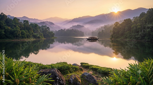 Scenic Periyar Lake boat safari landscape surrounded by evergreen forests, tranquil waters and breathtaking Western Ghats scenery in Thekkady Kerala