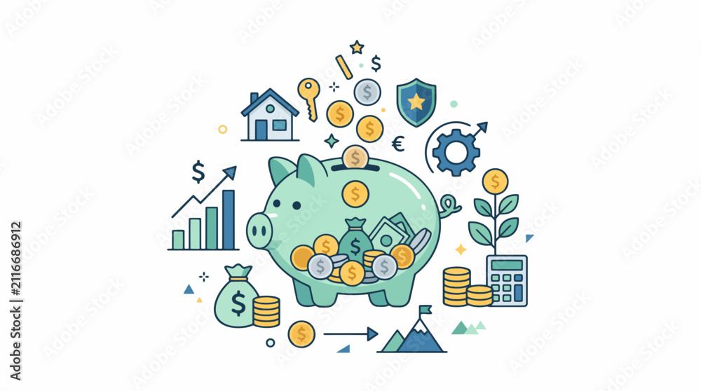 Naklejka premium Financial growth and savings concept with piggy bank coins house and growth chart illustration