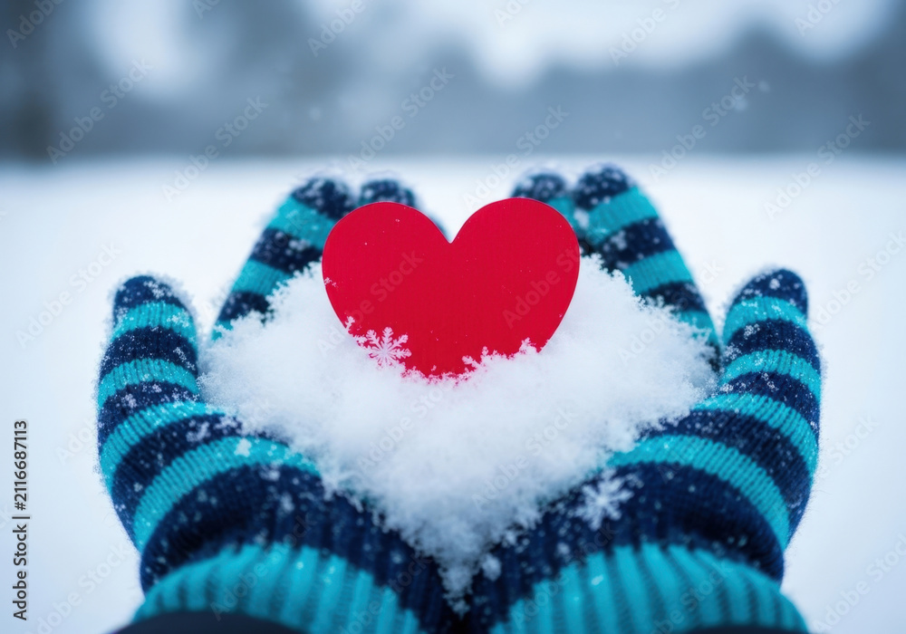 Fototapeta premium Person wearing warm blue and black striped winter mittens holding handful of fresh white snow shaped into small red heart against blurry background.