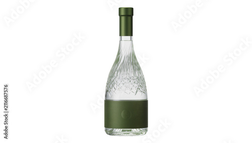 Isolated luxury green bottle featuring intricate cut glass patterns and a textured label.