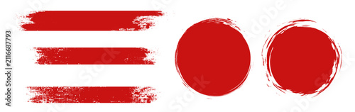 Straight red ink vector lines pack. Bloody color long and round hand-drawn brushstroke text highlights, frames, circles. Asian calligraphy brushstroke set. Rough grunge abstract blood color scribbles