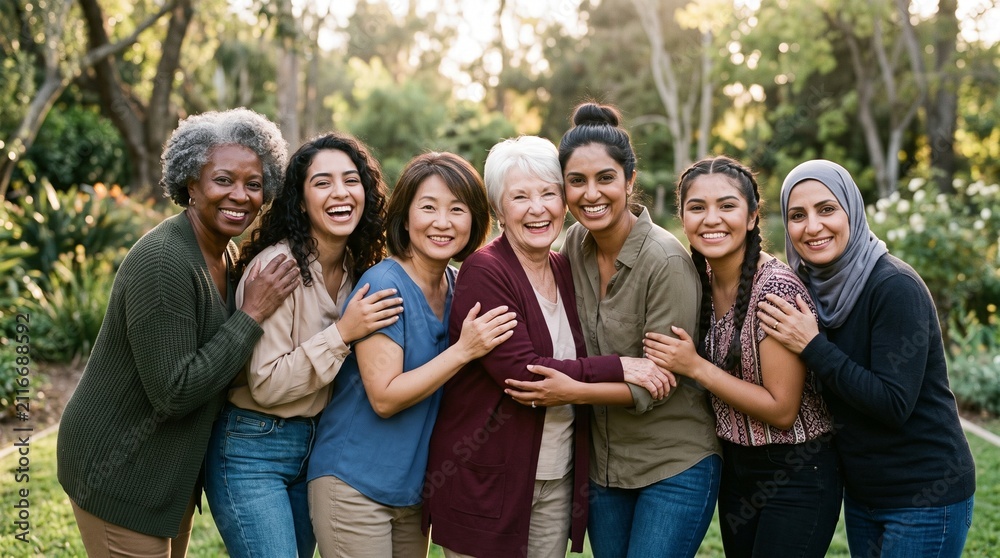 Fototapeta premium Diverse group of women of different ages and ethnicities smiling and laughing together outdoors