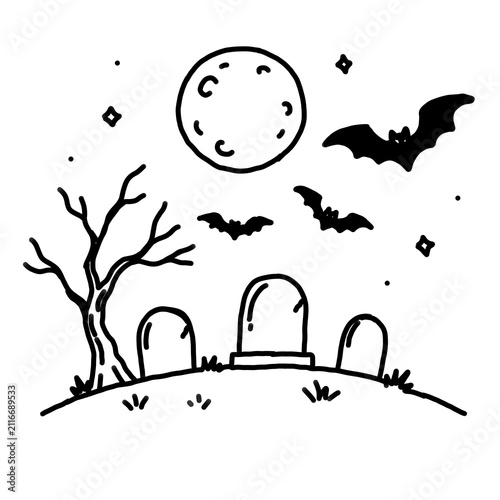Cute Halloween Graveyard with Flying Bats Doodle, Hand Drawn Cemetery Outline Illustration