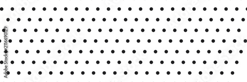 Repeating black polka dot pattern arranged in a staggered diagonal grid on a white background, dots circle