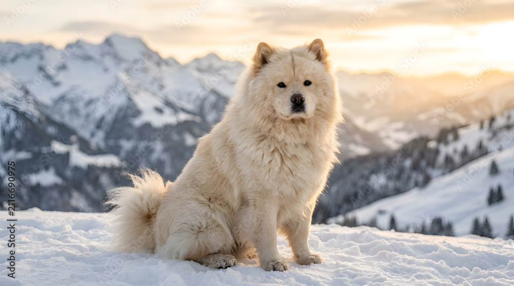 Fototapeta premium Fluffy Chow Chow Dog Sitting in Snowy Mountain Landscape at Sunset