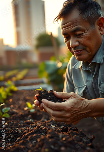 Mature asian man holding a ...