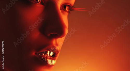 Close up profile of woman with golden teeth, red and orange lighting highlighting her face, creating a dramatic and artistic effect.