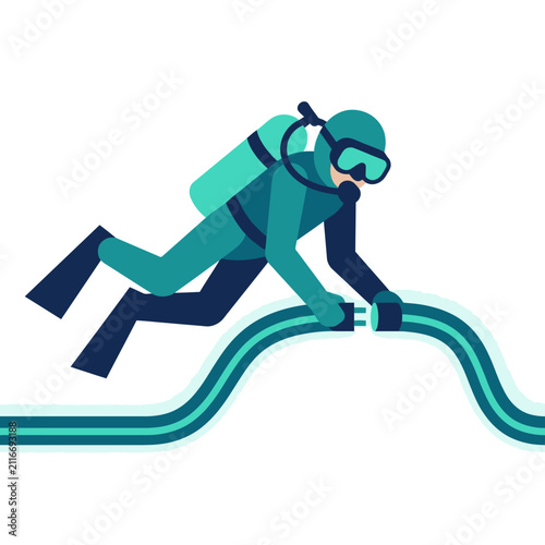 Scuba Diver Connecting Underwater Cable, Technology, Maintenance, Blue and Teal