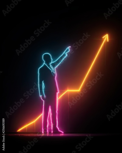 Business Leader Silhouette in Neon Lights Pointing Towards Rising Arrow Chart Indicating Growth and Success