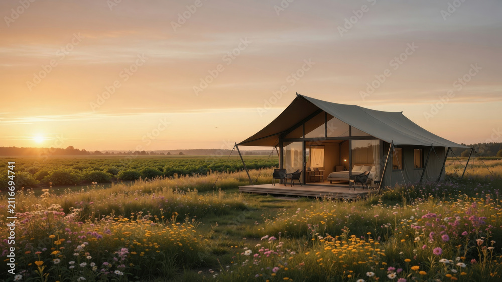 Obraz premium Glamping tent luxury camping sunrise wildflower meadow nature retreat rural landscape summer morning eco tourism wooden deck canvas shelter glamping tent withRegenerative travel farmstay concept