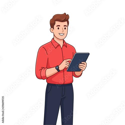 Man Holding Tablet in Red Shirt, Cartoon Illustration