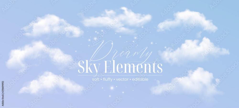 Fototapeta premium Dreamy sky elements vector cover on a soft blue background with realistic fluffy clouds and small sparkling lights. White cloud collection creates an airy scene