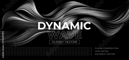 Black color flow wave vector cover on a dark background. Glossy silver liquid ribbons and bold typography create a sleek modern abstract banner design