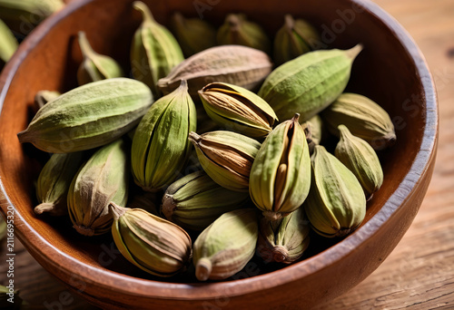Green cardamom pods in a ru...