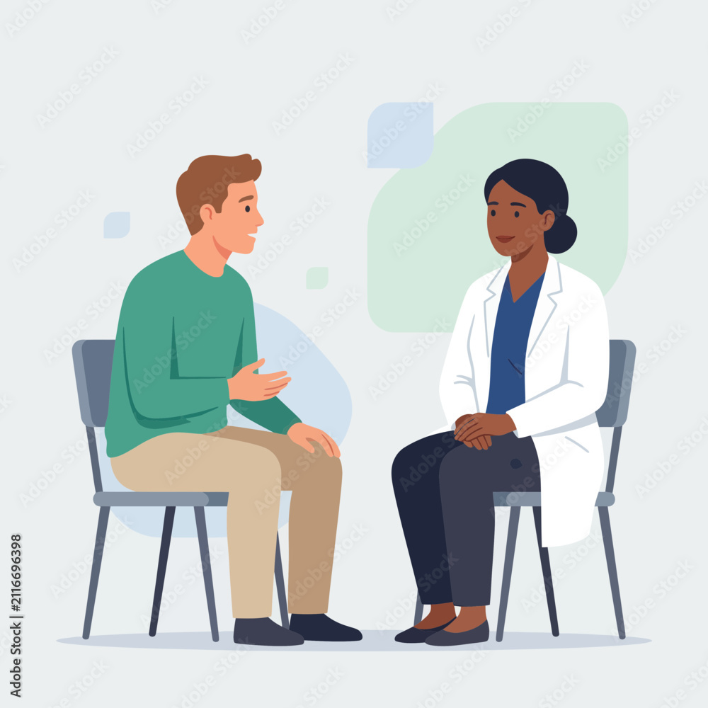 Obraz premium Doctor consulting patient in a therapy session, flat vector illustration with diverse characters and simple design.