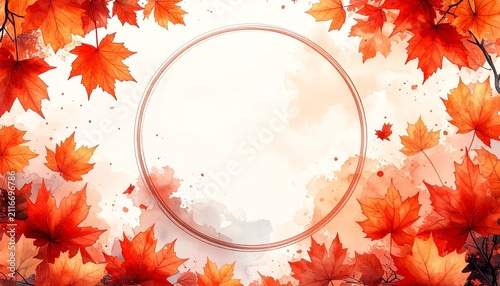 紅葉の二重円形フレーム 秋の枝葉に囲まれた水彩イラスト背景