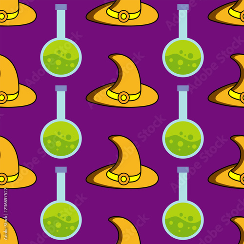Seamless pattern with witch hats and potion bottles