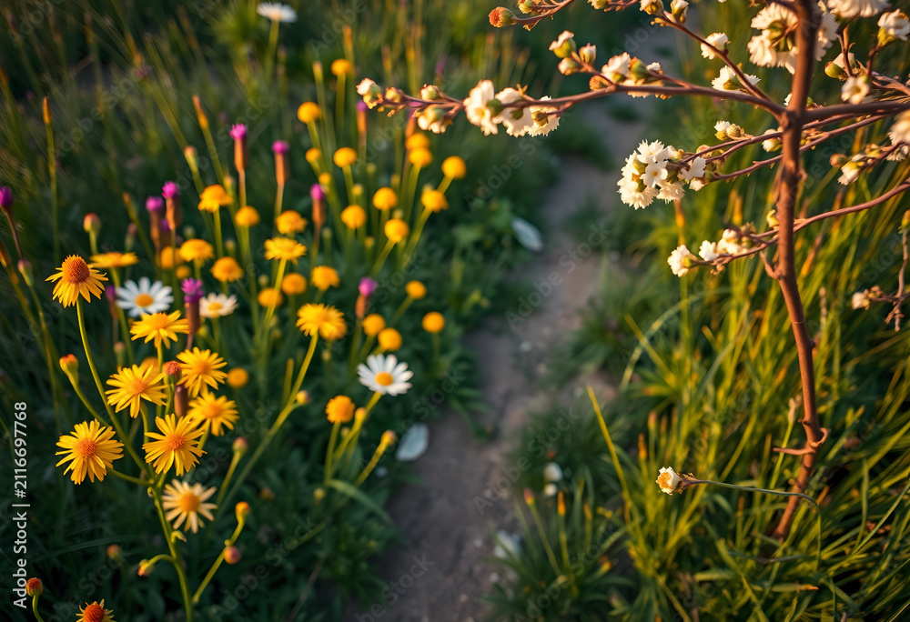 Fototapeta premium Wildflower meadow with a winding path and blooming white and yellow flowers in soft golden hour light, Natural beauty and tranquility of a spring or summer garden