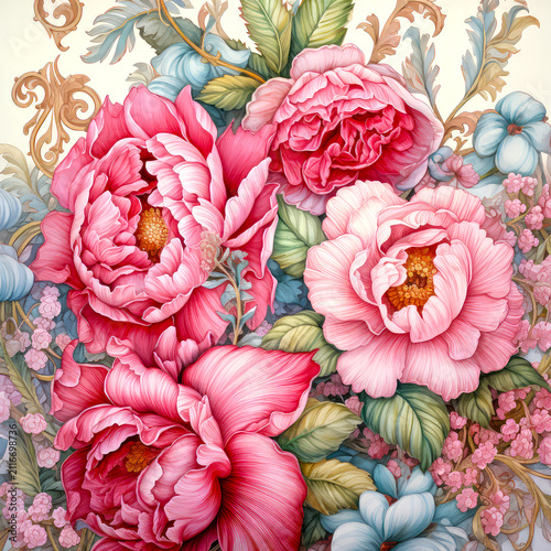 Vibrant pink peonies with decorative floral background - concept of interior design, wallpaper design, textile design