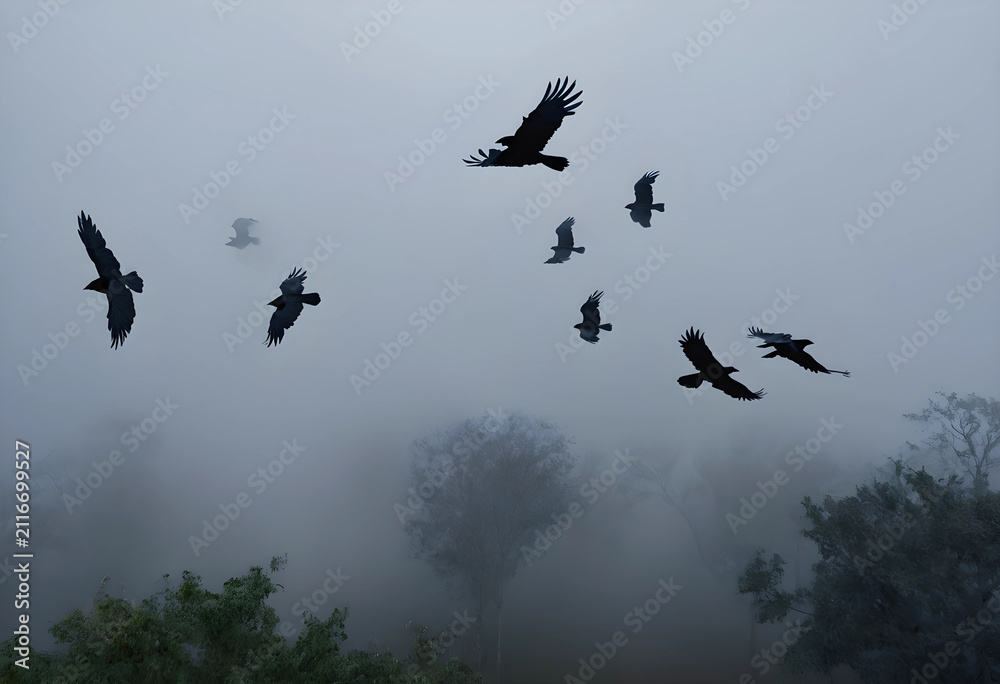 Obraz premium Flock of black birds flying through a dense, eerie fog over a forest landscape, mysterious and atmospheric nature scene