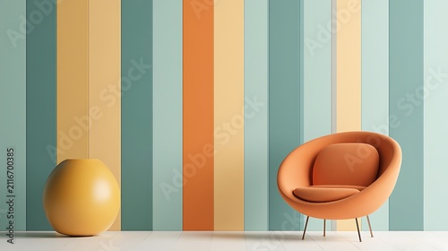 Minimalist modern living room with a round chair and vase against a colorful striped wall. Ideal for contemporary.