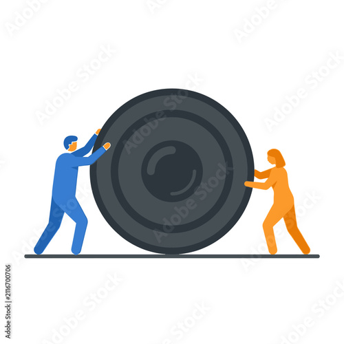 Teamwork pushing large heavy stone wheel uphill, concept of overcoming challenges