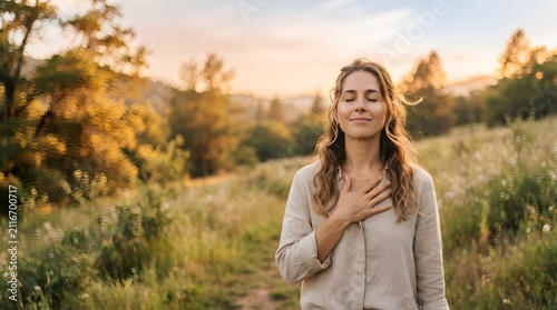 ​Peaceful Woman Meditating and Breathing Deeply in Nature for Mental Well-Being