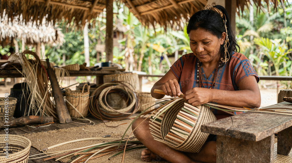 Obraz premium Indigenous woman weaving a basket in a traditional hut