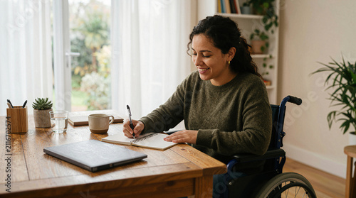 Woman in wheelchair writing in notebook at wooden desk