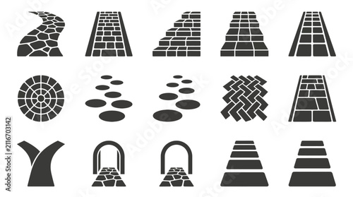 Garden path and stone paving landscape icons set.
