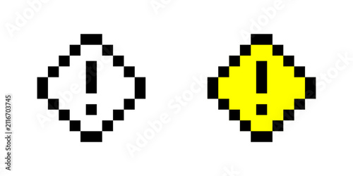 Pixel warning icons set, 8-bit exclamation mark symbols, retro blocky alert and notification UI icons