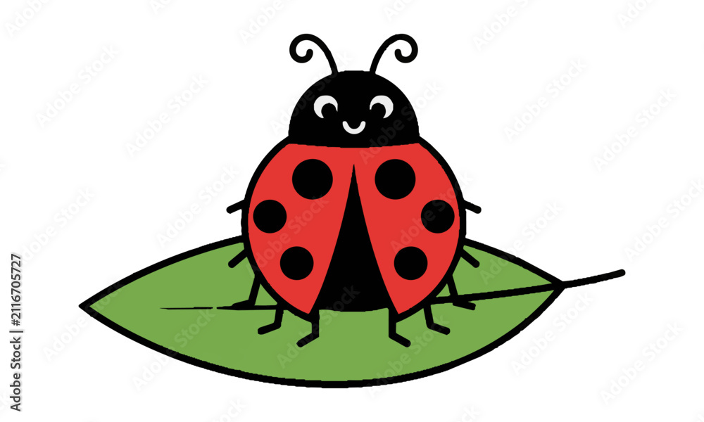 Obraz premium Stylized red ladybug with black spots resting on a slender green leaf isolated on a white background nature and garden concept