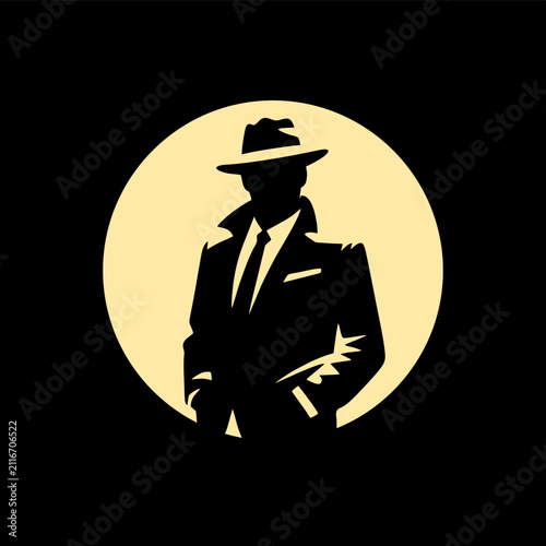 simple silhouette of a man wearing coat and hat like detective spy