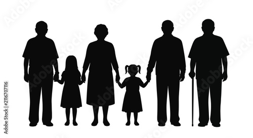 Black silhouettes of a multi-generational group featuring four senior citizens and two young girls holding hands in a row on white background, including elderly man with walking cane.