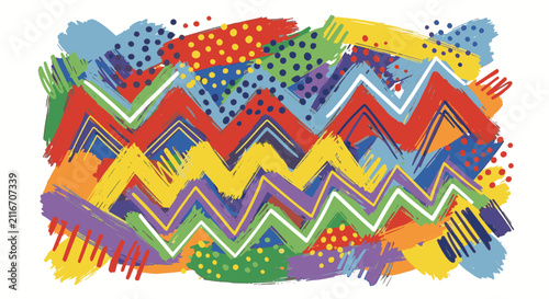 Hand-painted abstract background with colorful zigzag brushstrokes, polka dots, and expressive paint marks in red, yellow, blue, and green on white, creative artistic texture.