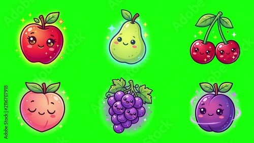Cute Kawaii Fruit Stickers Animated on Green Screen