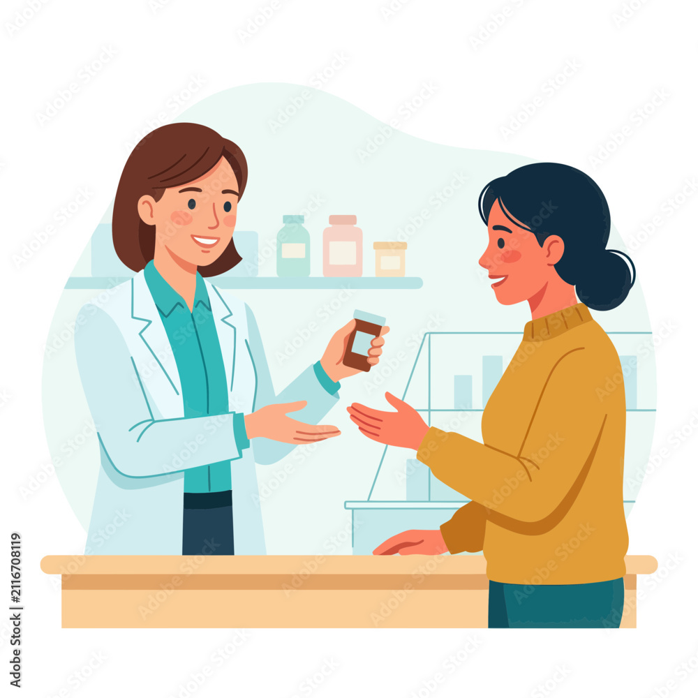 Fototapeta premium Pharmacist Hands Medicine Bottle to Customer at Counter - Flat Vector Illustration