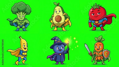 Animated Fruit and Vegetable Superhero Characters on Green Screen