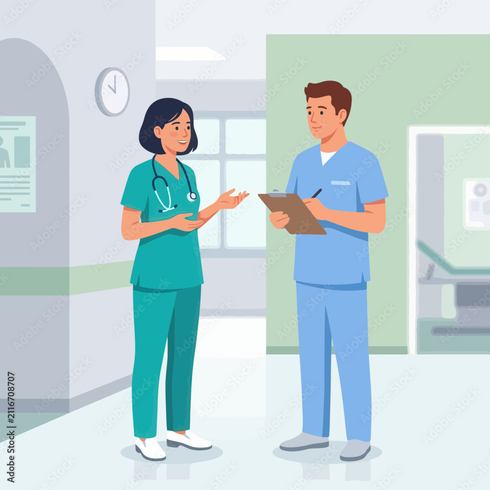 Fototapeta premium Two healthcare professionals, a male and female doctor or nurse, collaborating and discussing in a hospital corridor near a patient room.