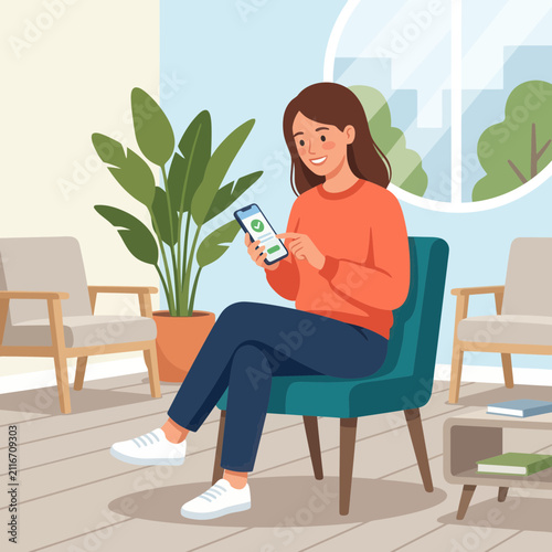 Woman sitting in armchair, using smartphone with checkmark on screen, modern flat vector illustration