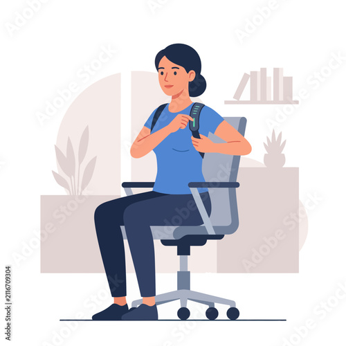 Woman Sitting in Office Chair Adjusting Smart Backpack Strap with Digital Display