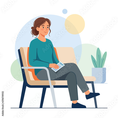 Woman Sitting in Waiting Room Chair with Brochure and Plant
