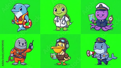 Cartoon Sea Animal Professions Green Screen Animation