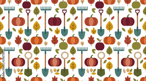 Autumn Harvest Seamless Pattern with Garden Tools and Pumpkins