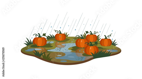Cartoon pumpkins in a muddy garden during a rainstorm