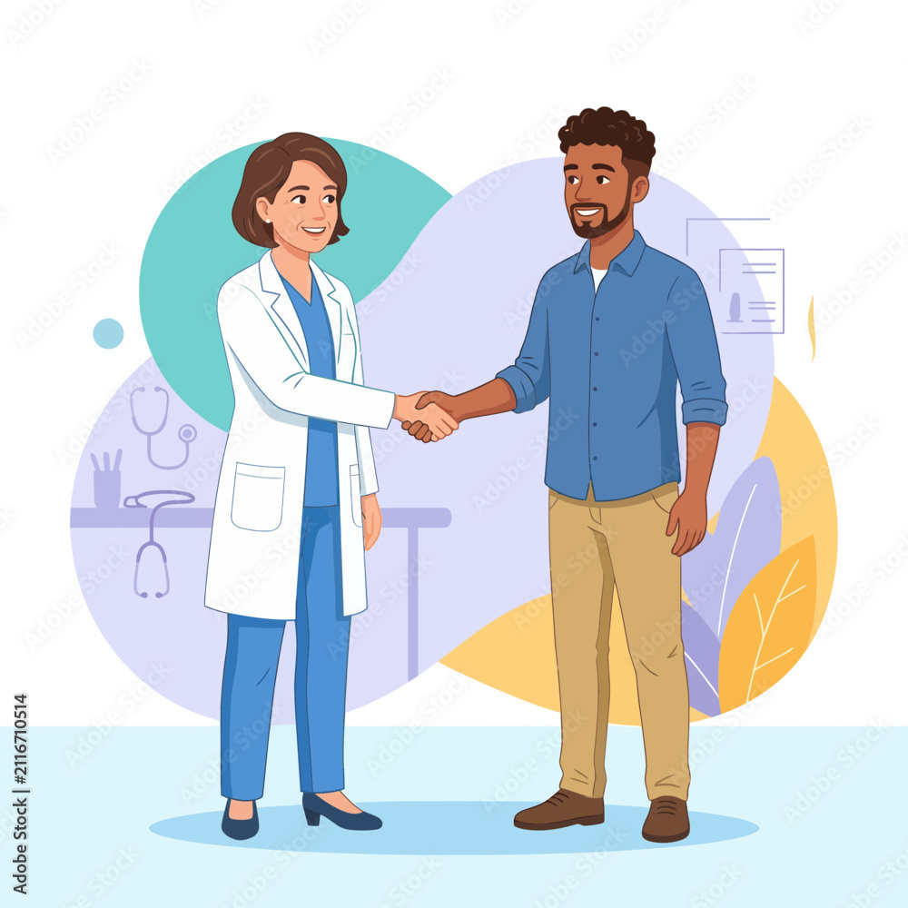 Obraz premium Doctor and Patient Shaking Hands in Medical Office with Stethoscope and Abstract Shapes